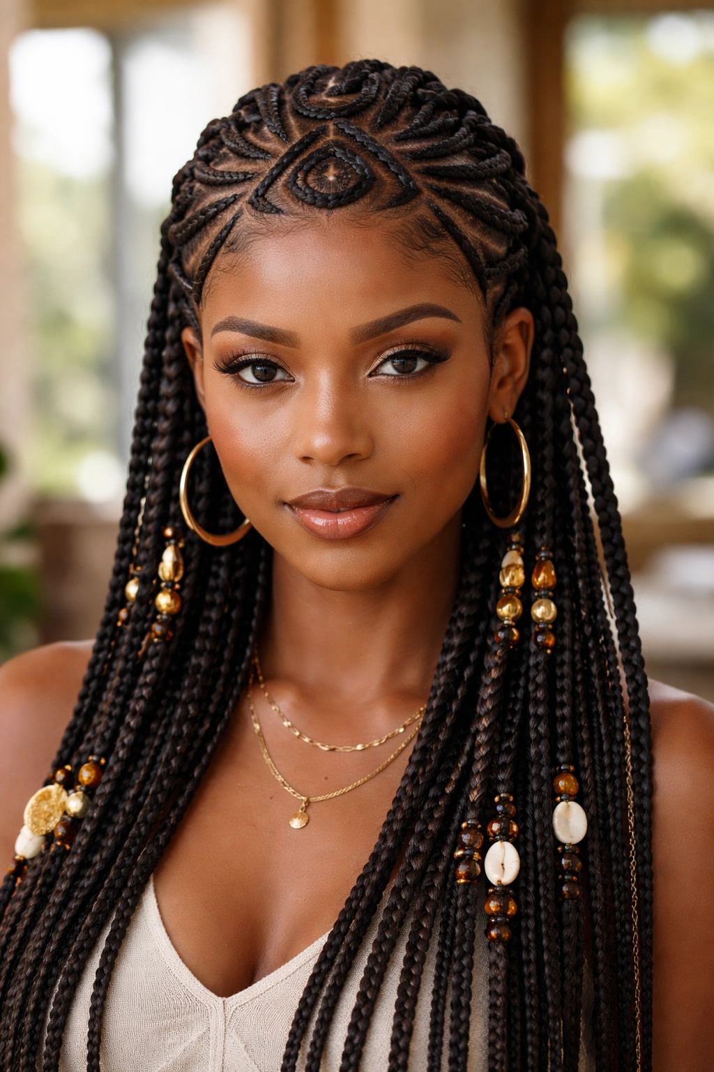 Close-up of a real woman with geometric crown Fulani braids at the crown