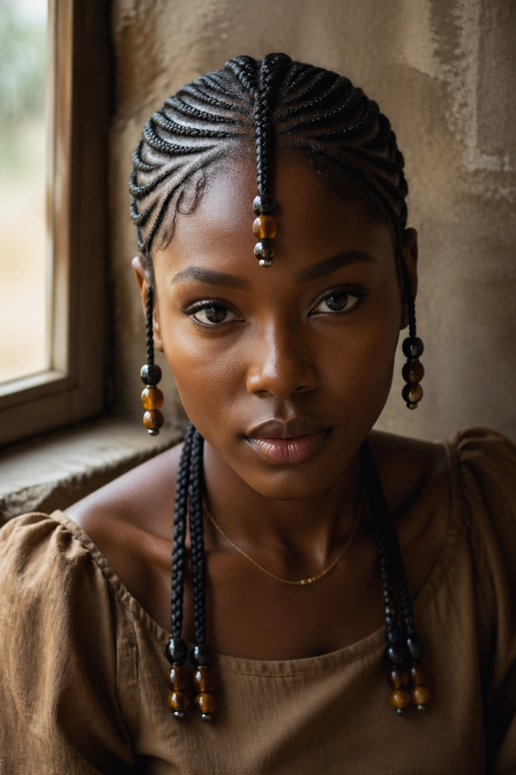 Close-up of Fulani cornrows with earth-toned glass beads.