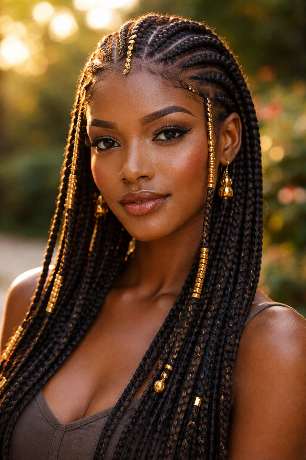 Close-up of a woman with gold-thread wrapped Fulani cornrows