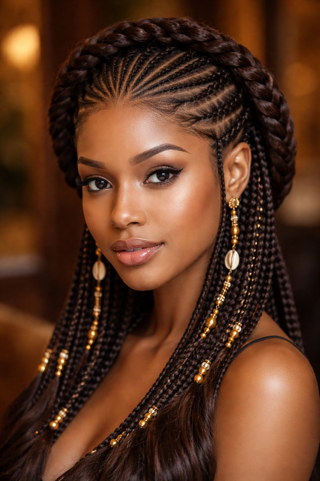 Close-up of Fulani hairstyle with halo braid around the head on a real person