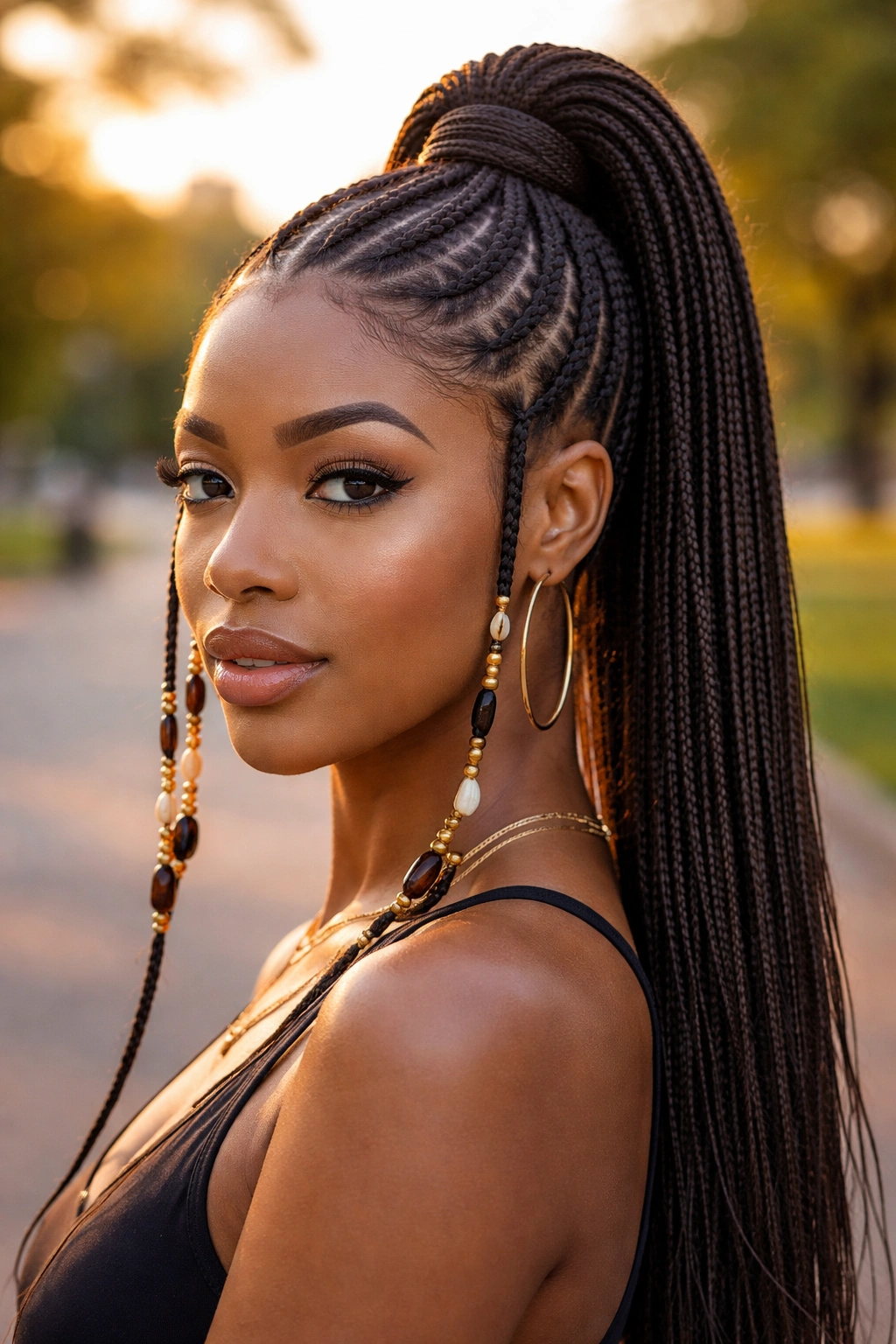 Close-up of a woman with Fulani cornrows leading to a high ponytail