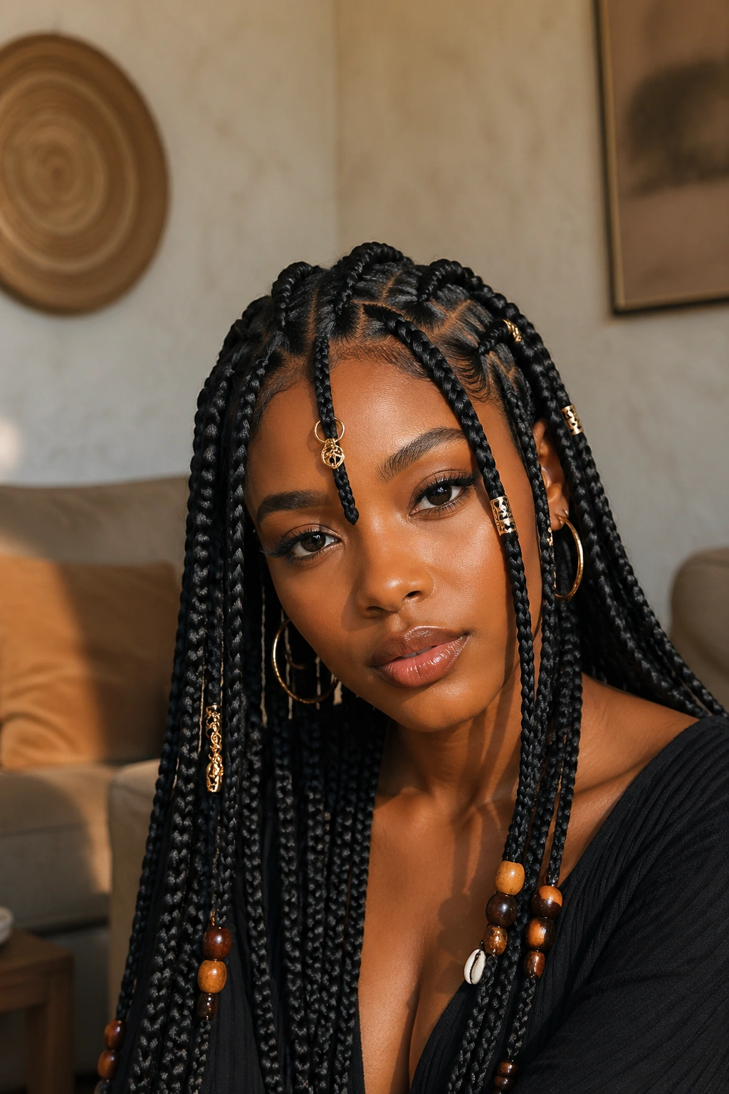 Close-up of a real woman with Fulani-inspired long box braids and front detailing