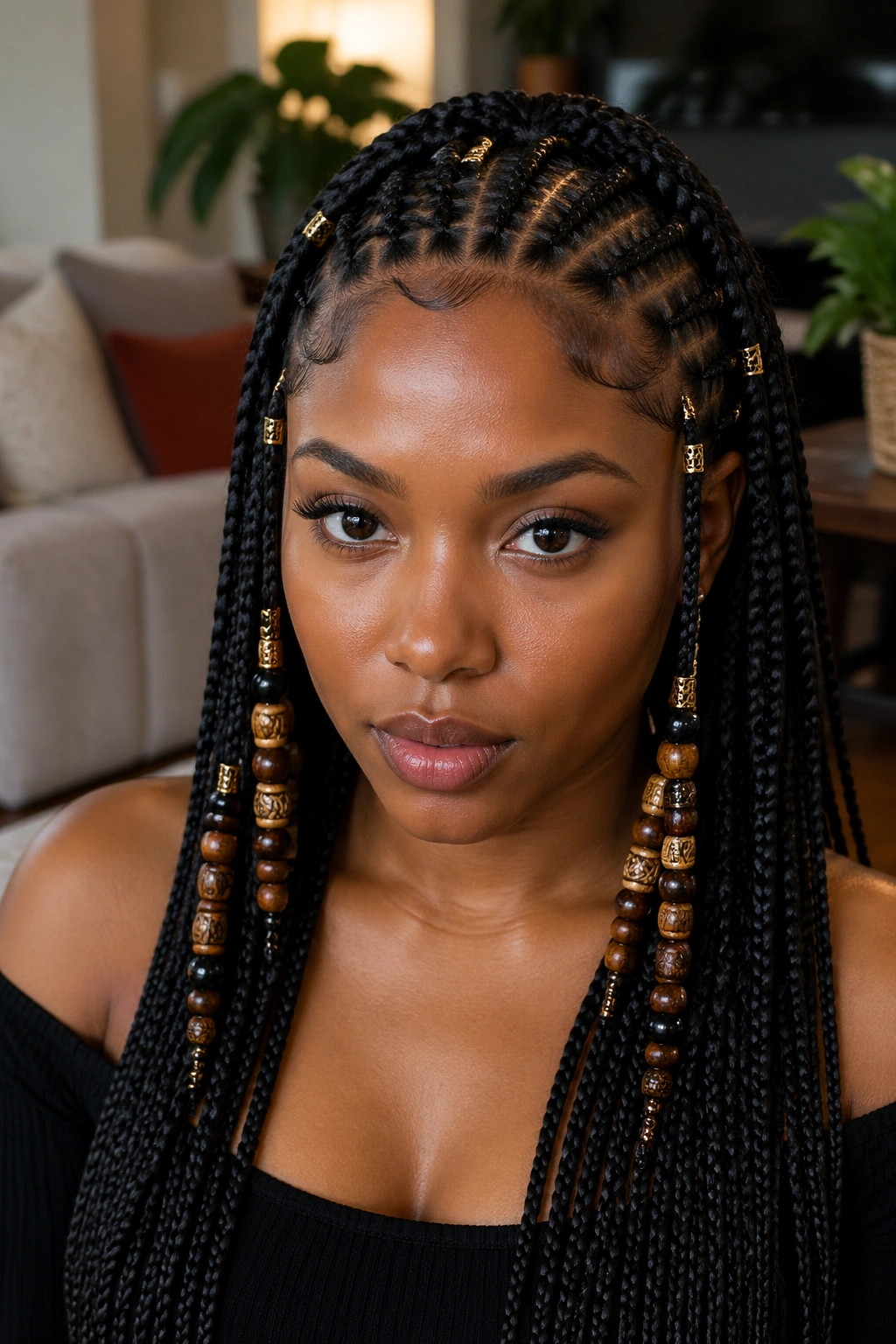 Portrait of a real person with Fulani-inspired front cornrows and beads
