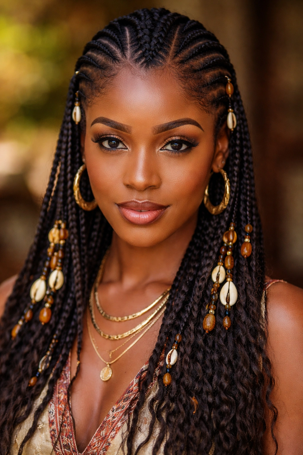 Close-up of a real woman with Fulani-inspired Ghana cornrows and center braid with decorative accents.