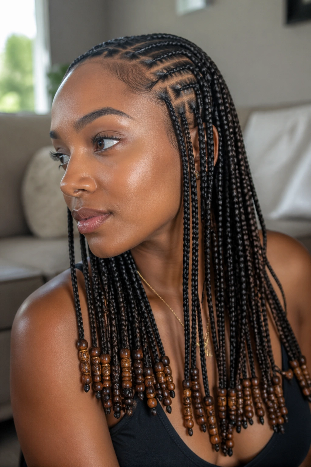 Real woman with Fulani-inspired knotless braids and thin side cornrows beaded at the ends