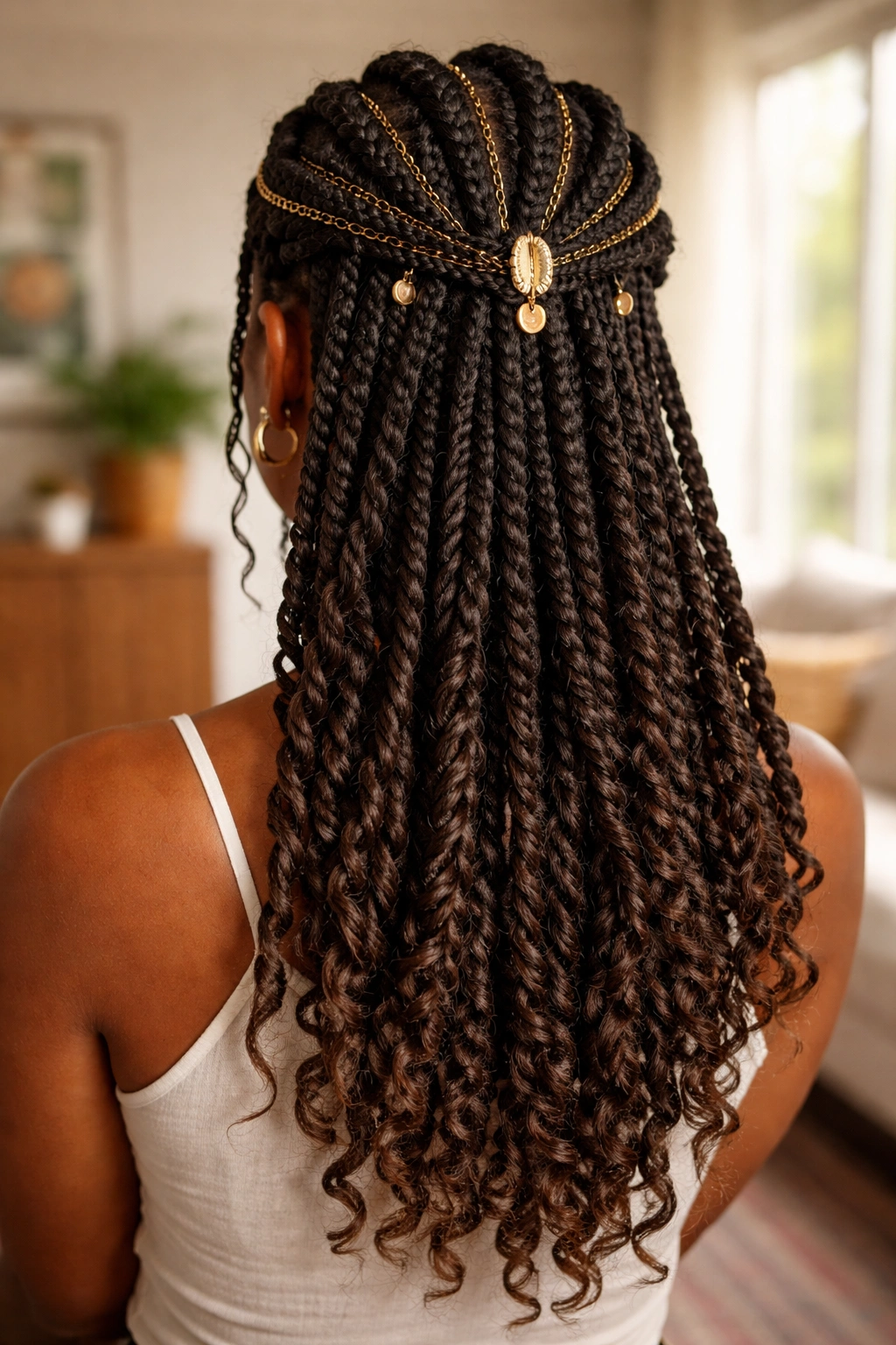 Back view of a real woman showing Fulani loc twists at back with top braids