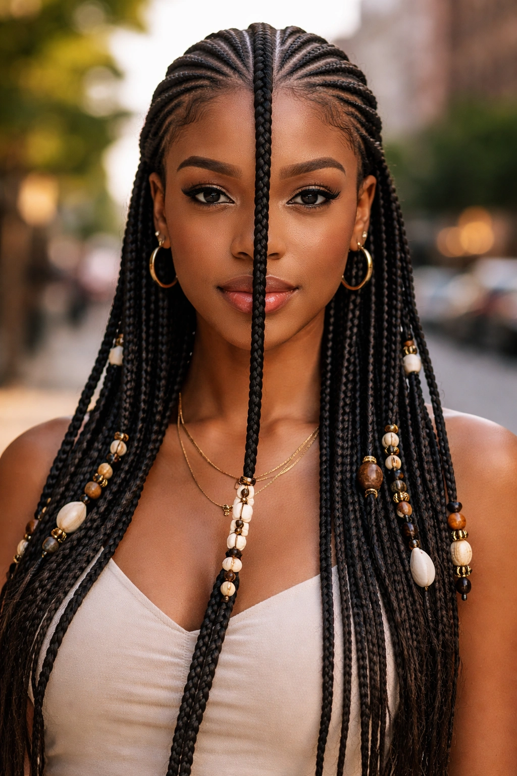 Close-up portrait of Fulani cornrows with a long center braid on a real person in street-side setting