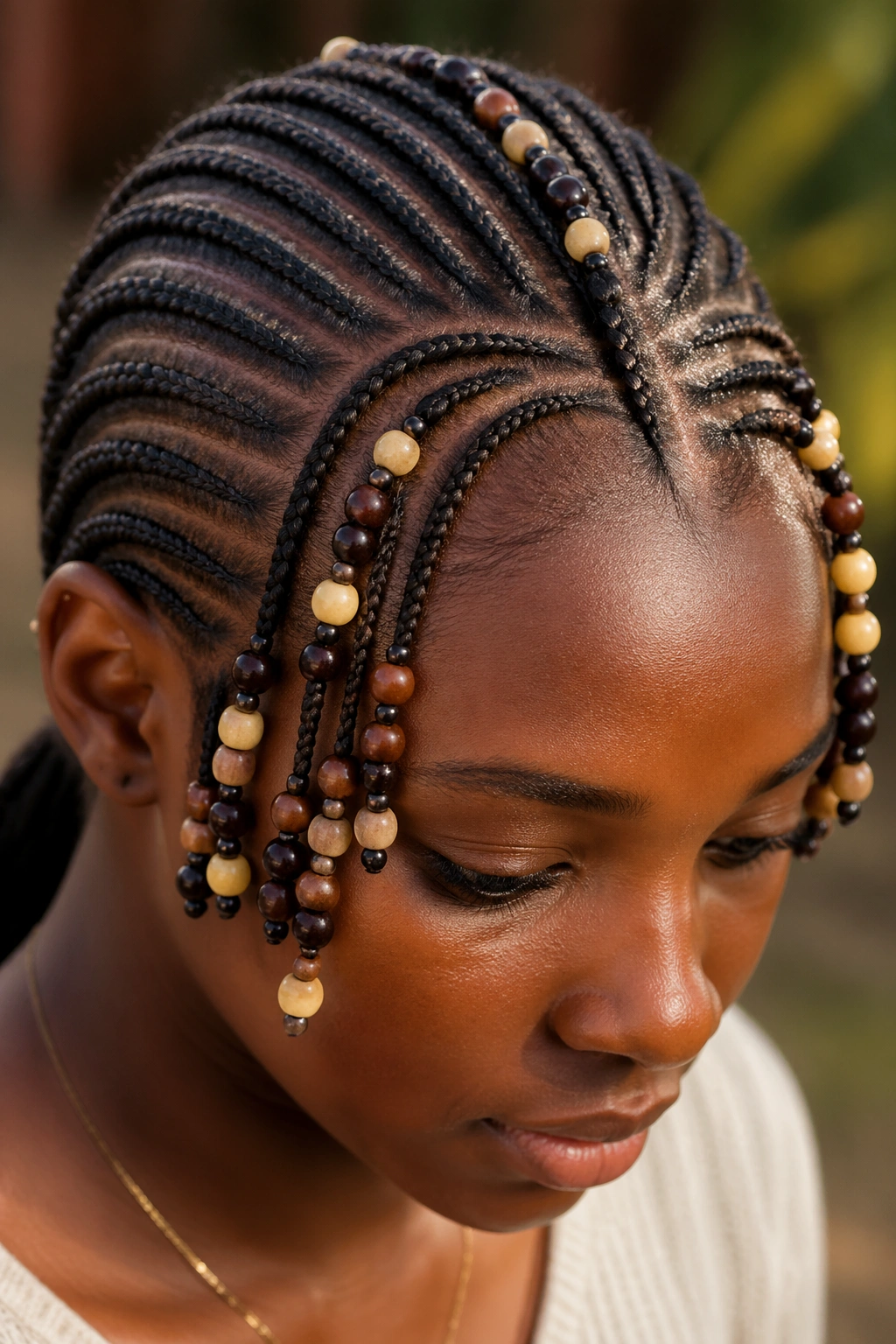 Close-up of Fulani braids with mixed bead sizes on a real person
