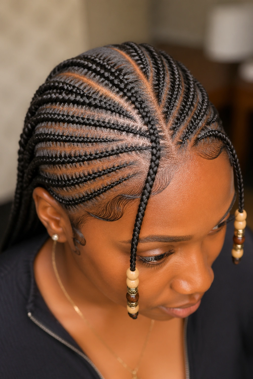 Fulani pattern needle-stitch cornrows with beads near the face on real person.
