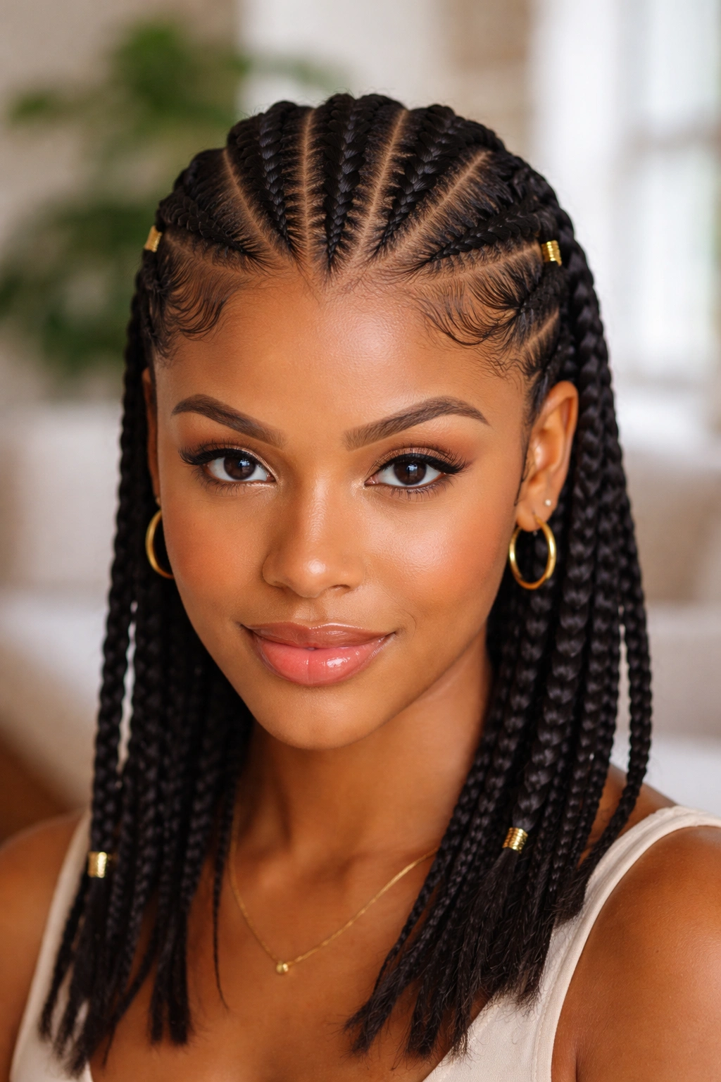 Close-up of a center cornrow with two angled side cornrows in a Fulani-inspired pattern on a real person