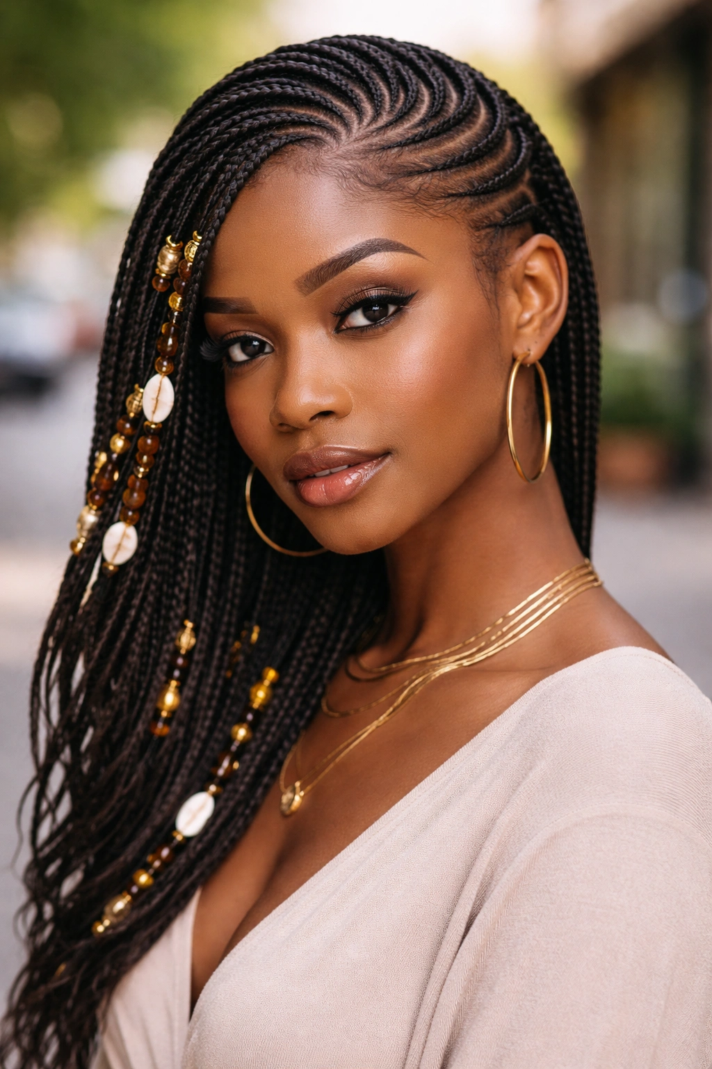 Close-up of side-swept Fulani cornrows on a real woman