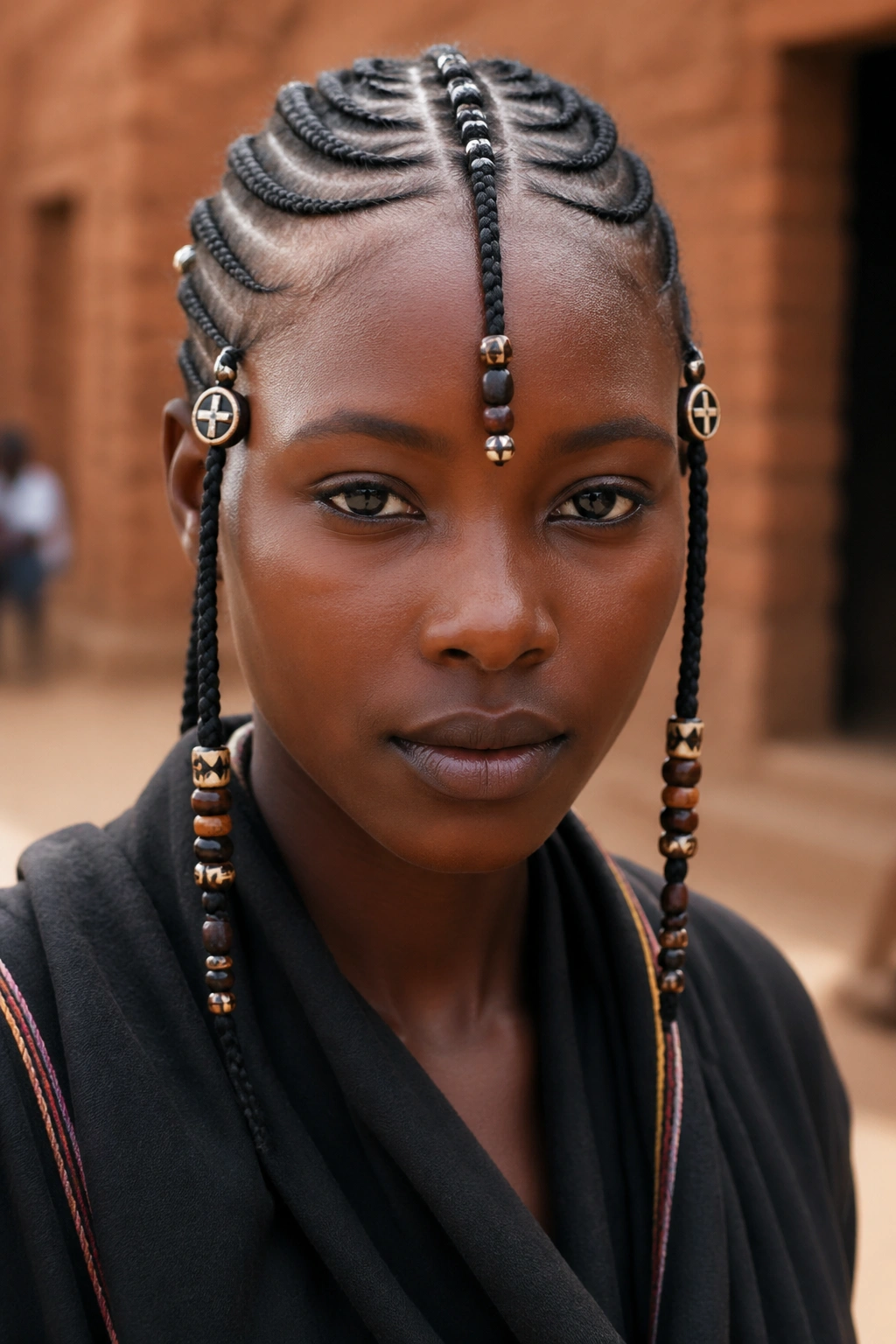 Real-person portrait with tribal symbol beads on Fulani cornrows.