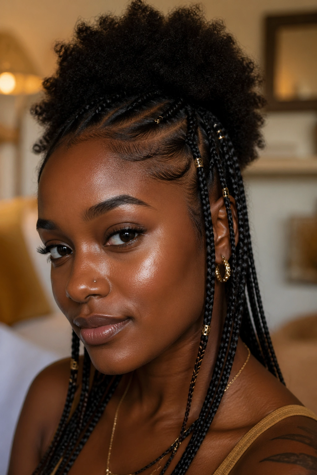 Close-up of a real woman with Fulani-style thin braids and natural top