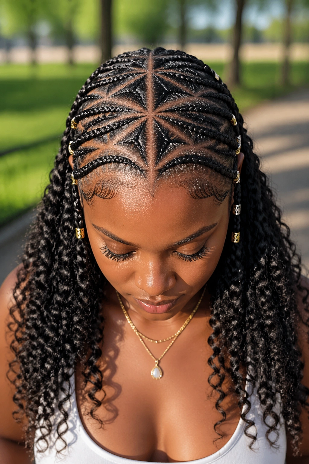 Close-up of a real woman with triangle-part Fulani cornrows