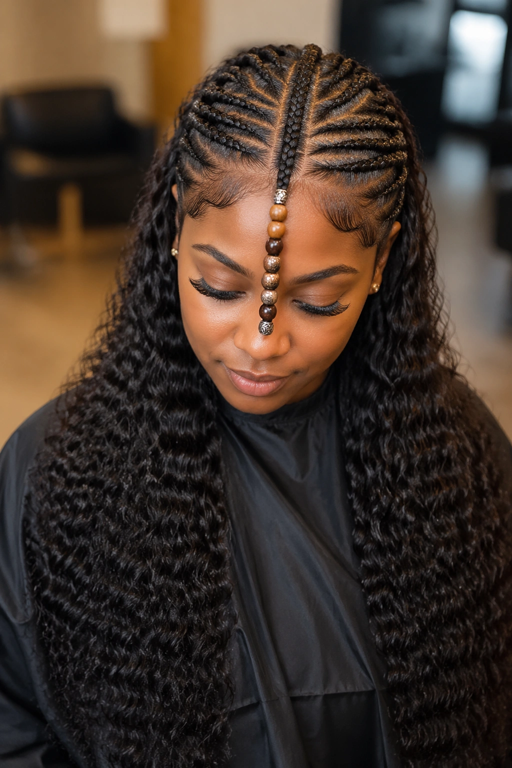 Portrait of a real woman with Fulani center braid and water wave ends.