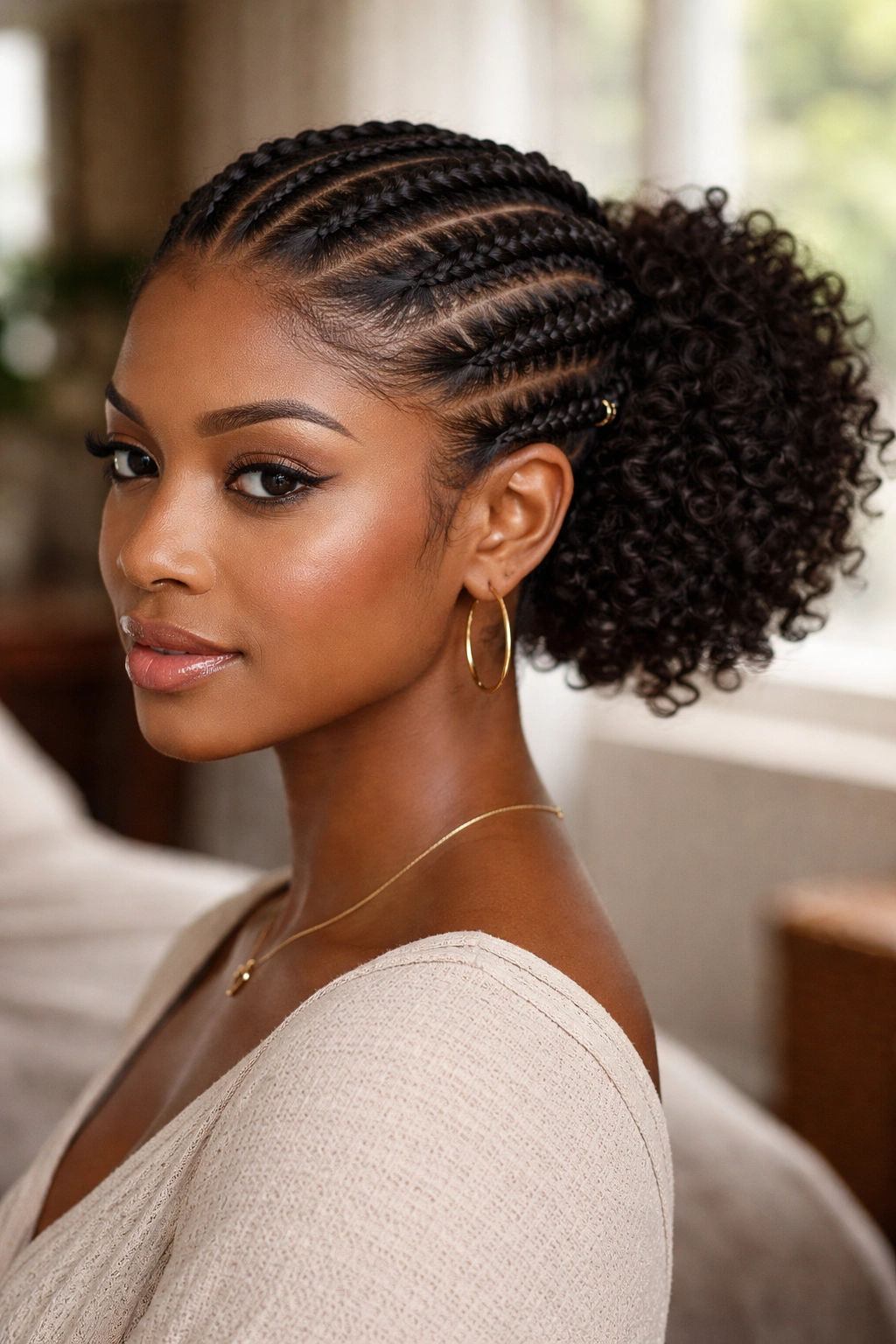 Close-up portrait of a real woman with Fulani flat twists and a curly bun at the nape, center part and outward side twists
