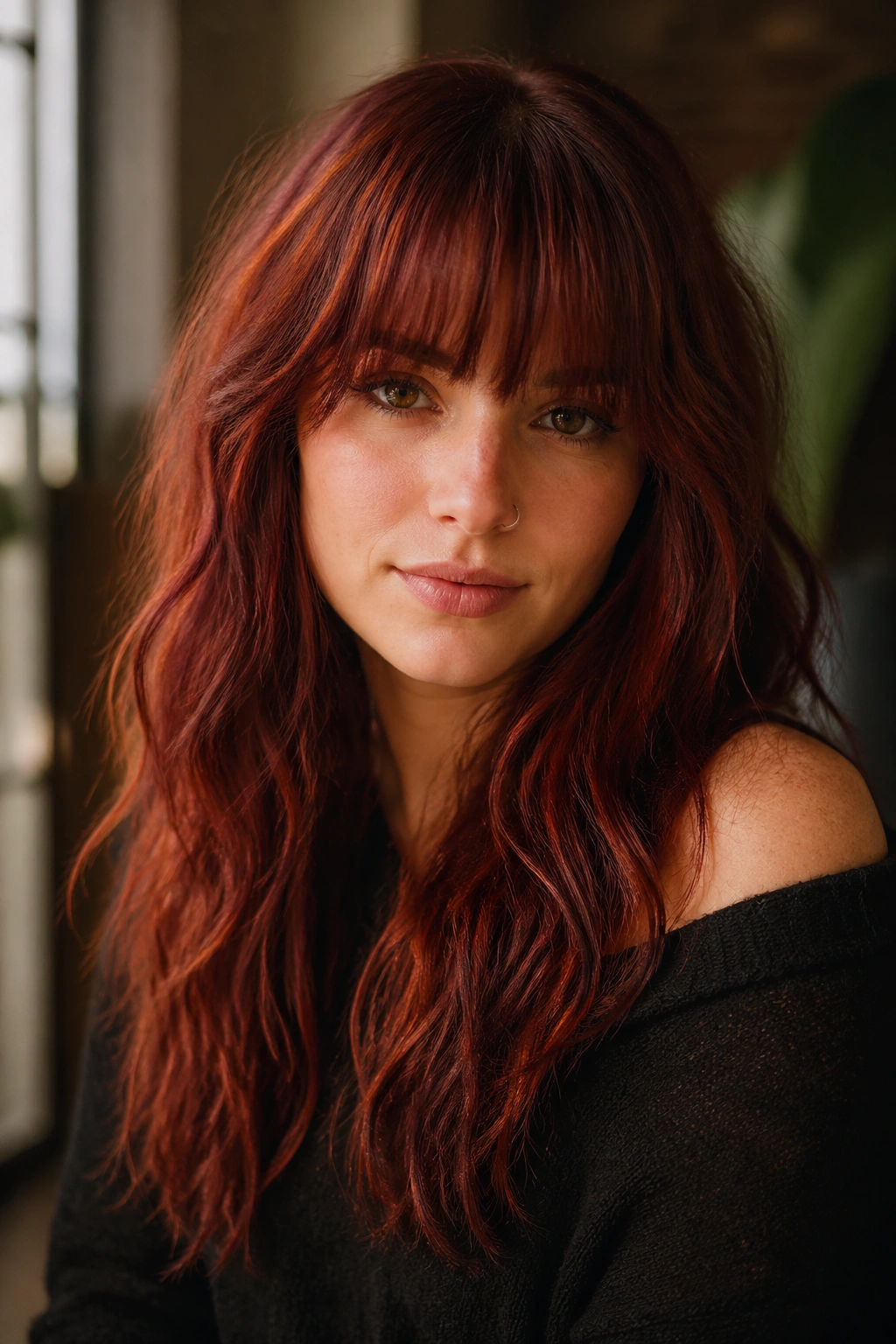Close-up of a real person with full textured bangs on red hair