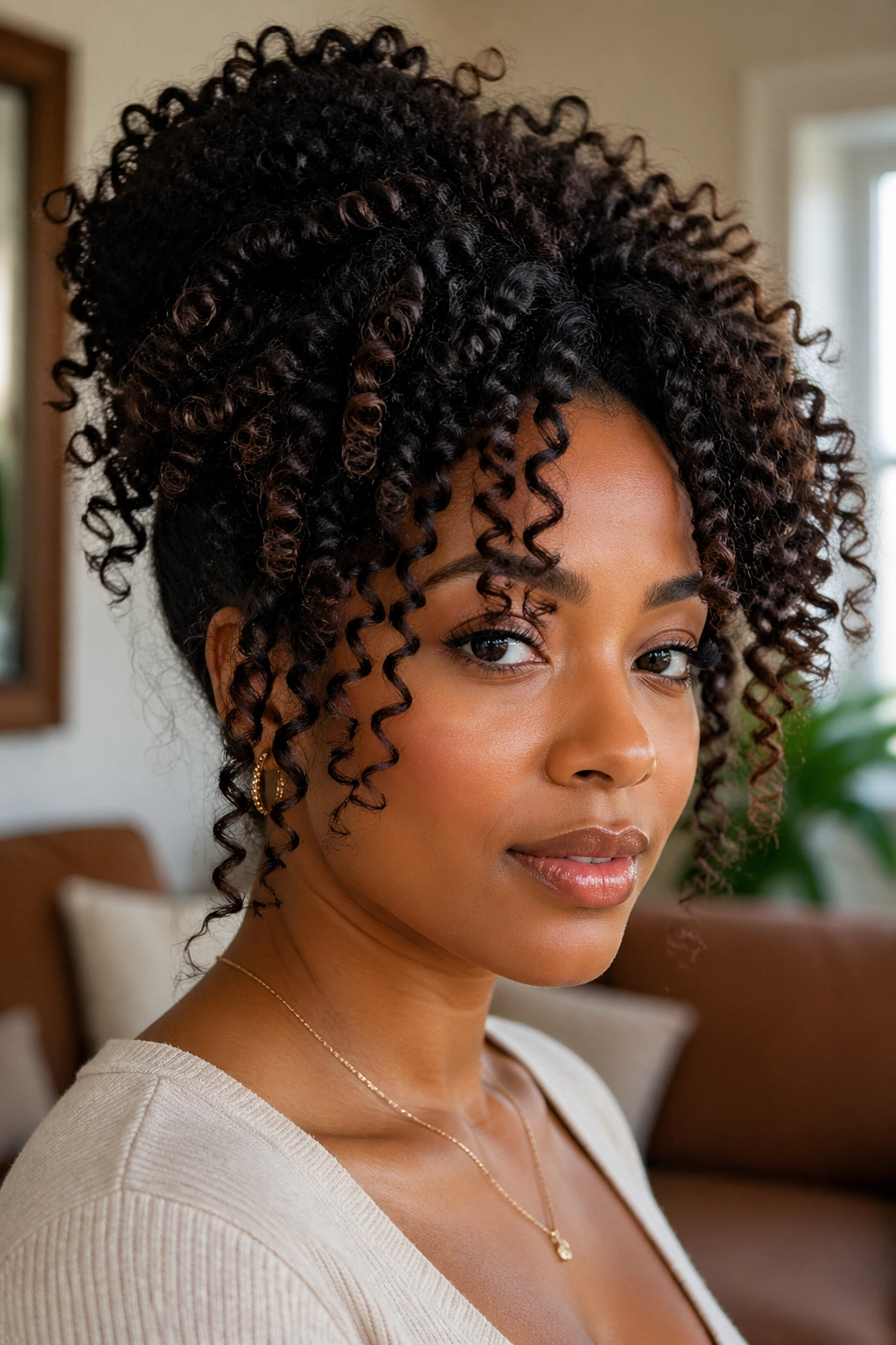 Close-up of a real woman with a full crown of defined curls framing her face