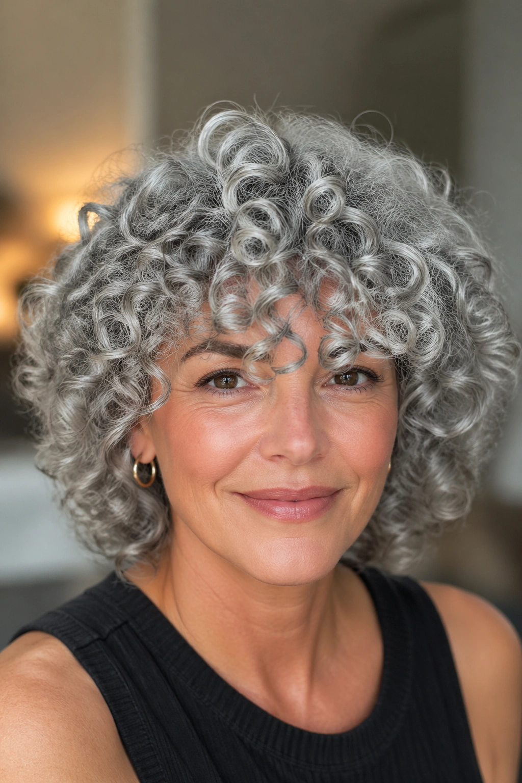 Close-up portrait of a real person wearing a full curly fringe on grey hair.