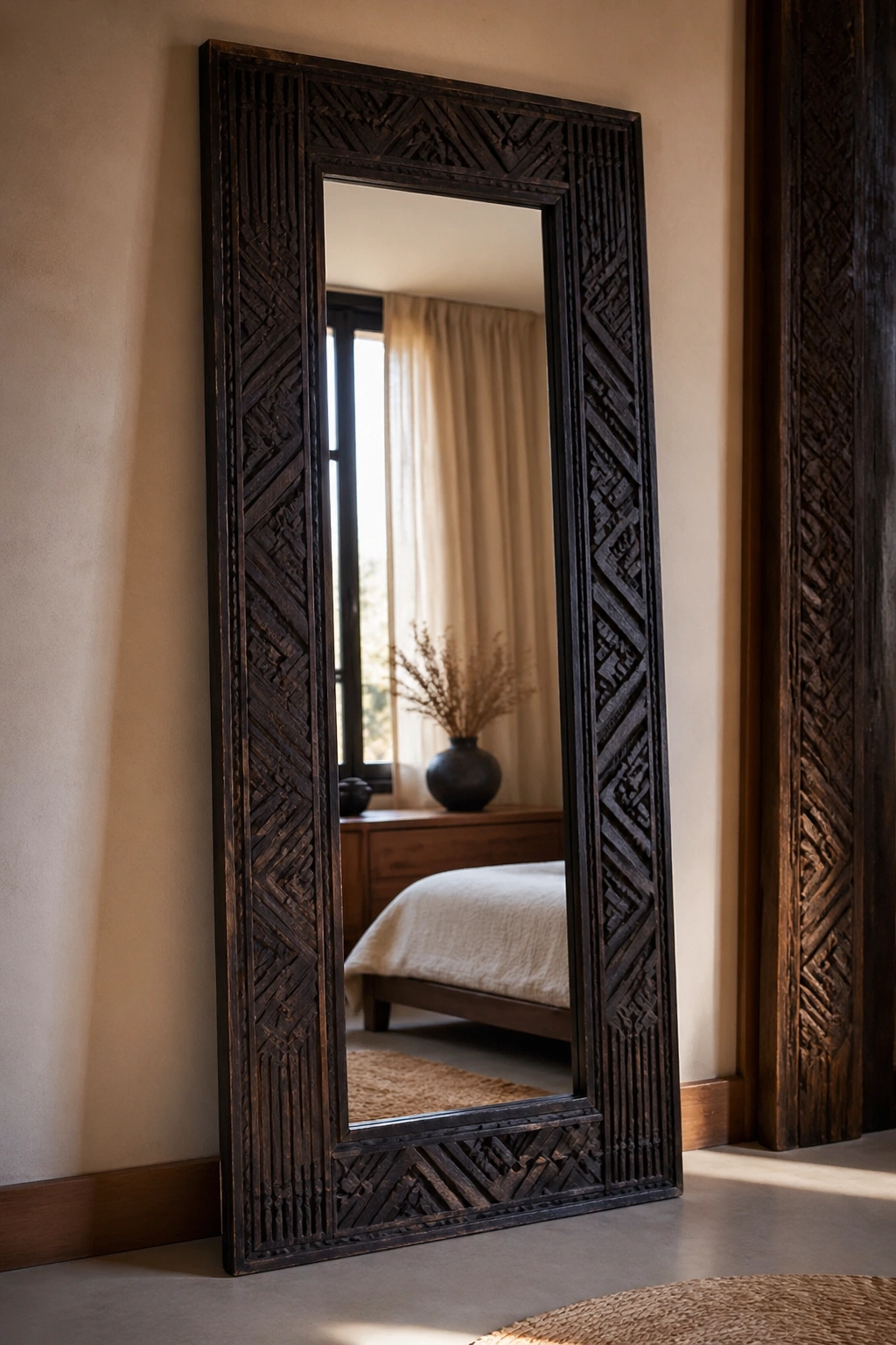 Full-length mirror with dark carved frame in a bedroom.