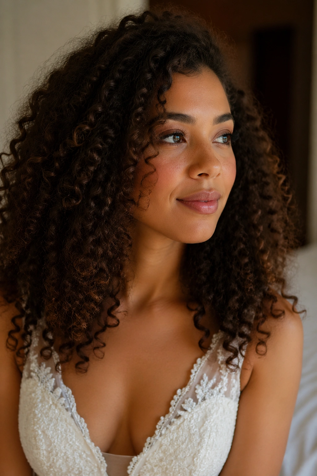 Close-up of a real bride with full loose untouched curls in soft morning light