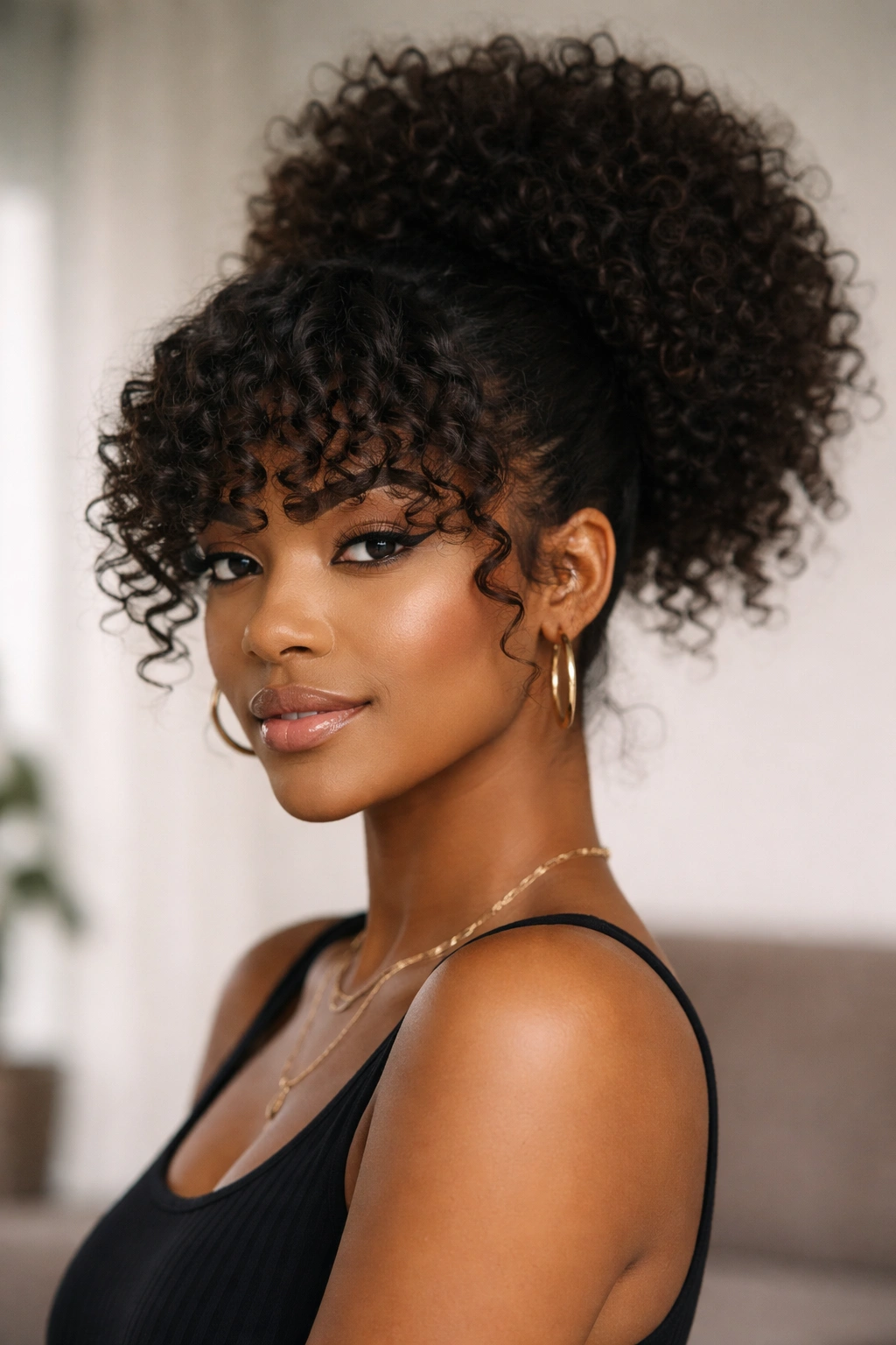 Voluminous puff ponytail with thick curly bangs framing the face