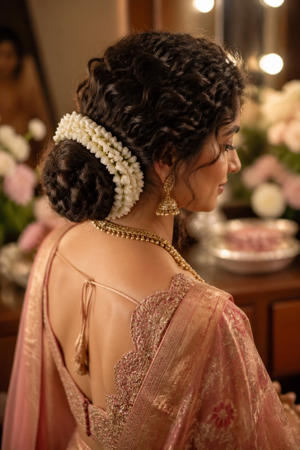 Close-up of a real woman with gajra-wrapped curly bun wearing saree