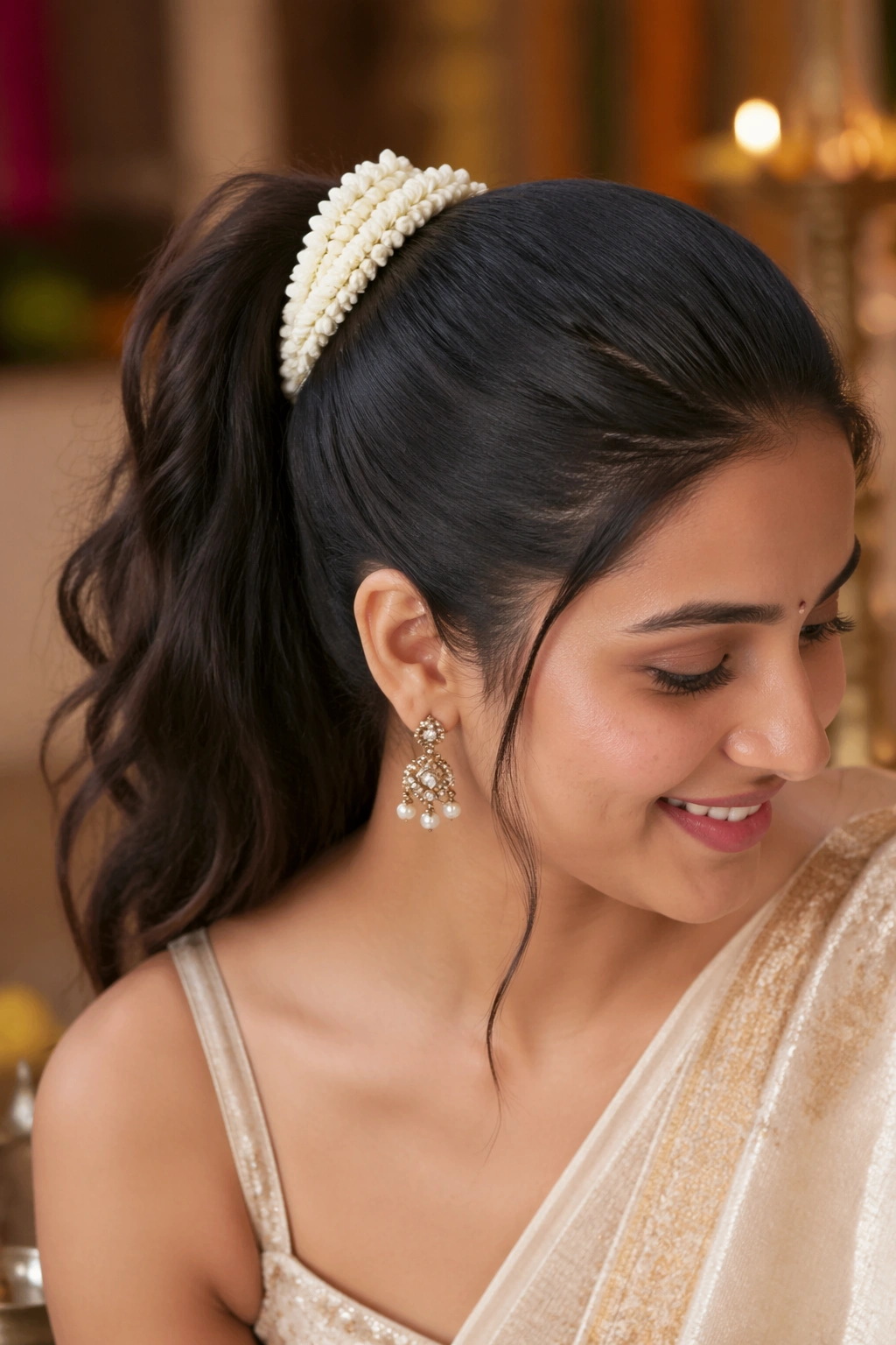 Real woman with a high ponytail wrapped by a floral gajra, festive hairstyle.