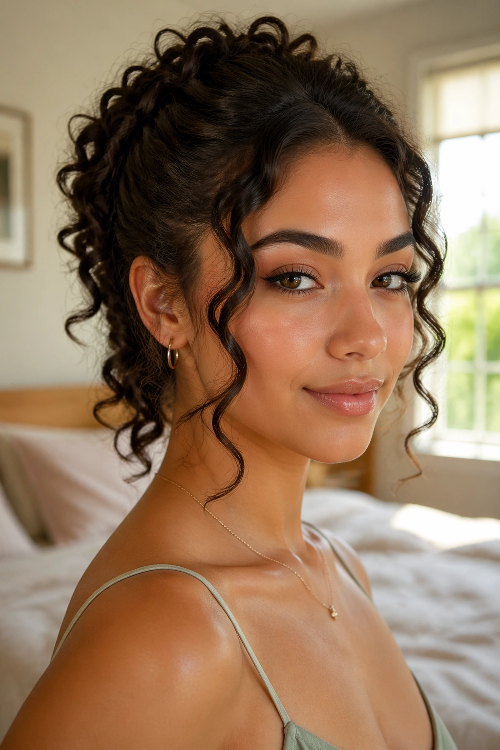 Portrait of a real woman with gathered back hair and face-framing curls in a cozy bedroom.