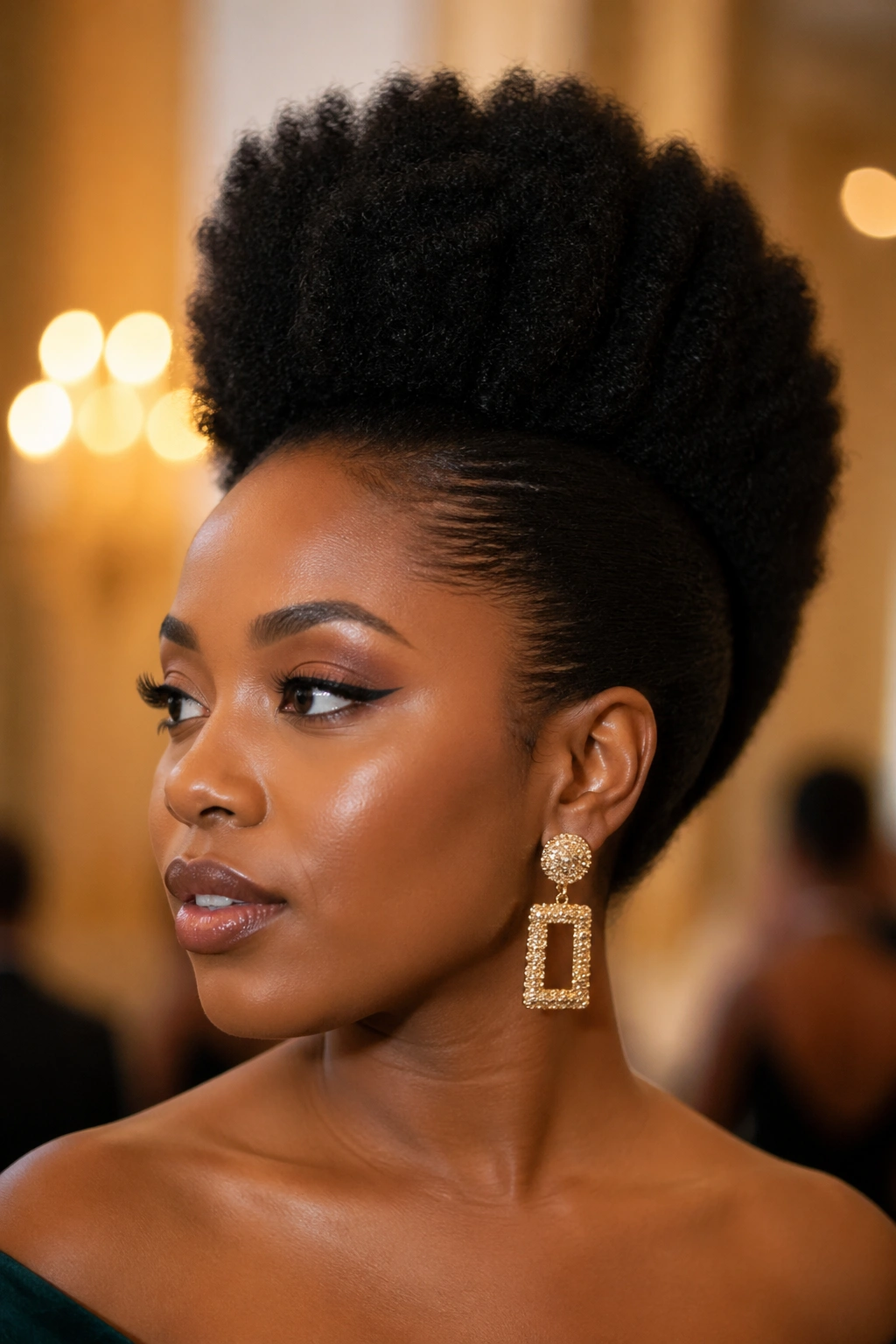 Close-up of a real woman with a gathered frohawk updo and elevated crown