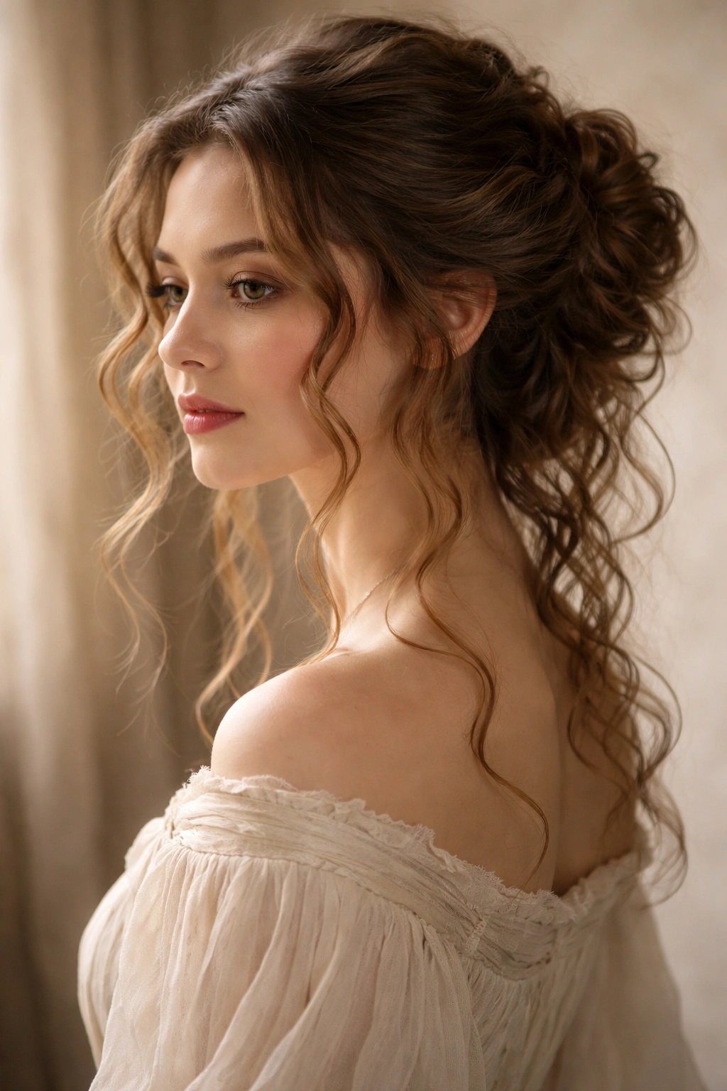 Soft tendrils framing the face with a loose back knot