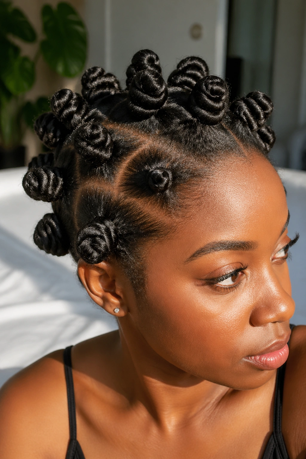 Close-up of a real woman with bantu knot-out hairstyle.