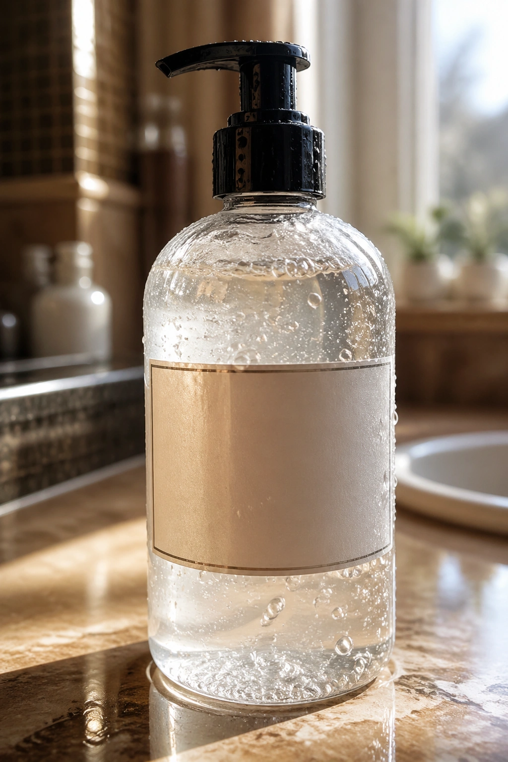 Close-up gel bottle on a bathroom counter showing how gel creates curl definition with a clear, label-free bottle.