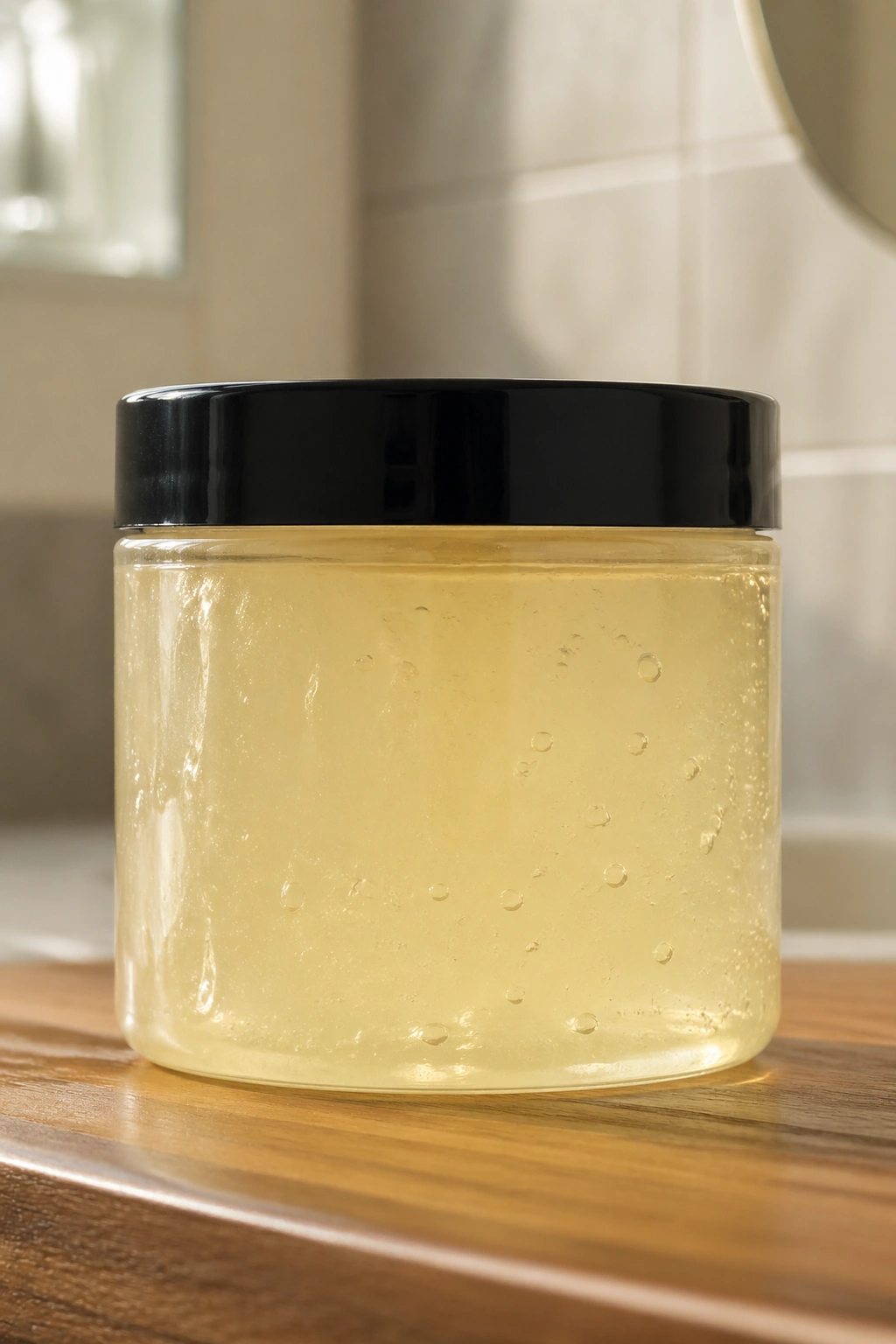 Gel bottle centered on wooden vanity with soft morning light, emphasizing choosing the right gel for hair type.