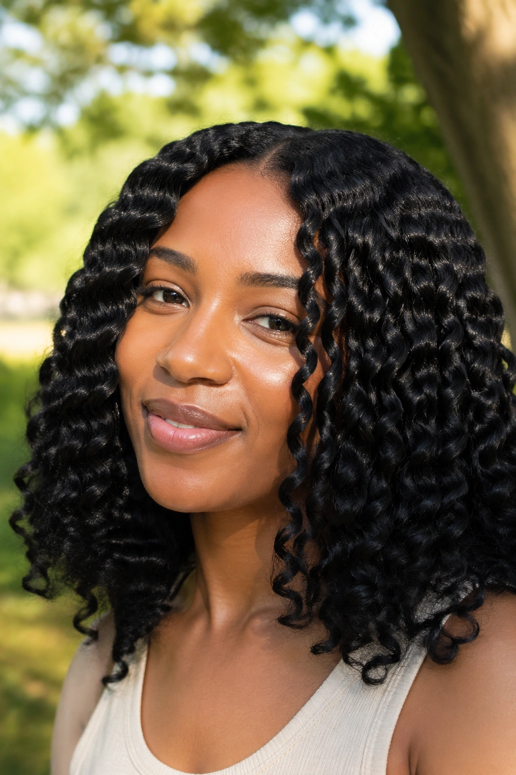 Close-up of a real woman with a gel braid-out pattern.
