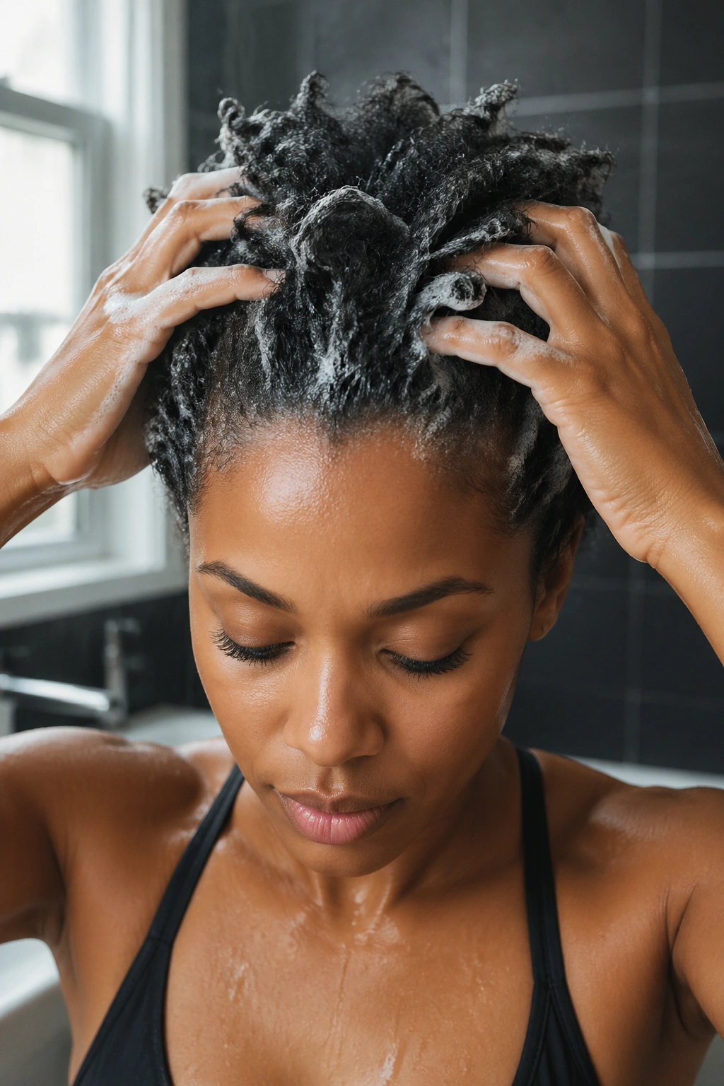 Close-up of a real woman with natural hair showing gel buildup on curls during cleansing in a bathroom