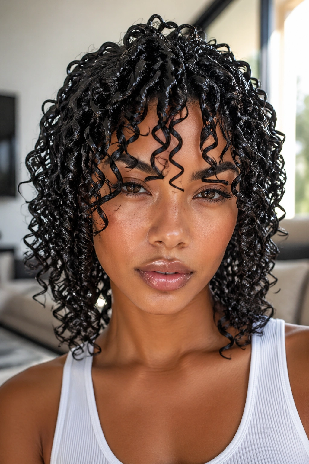 Real person with a full gel cast and defined crunchy curls