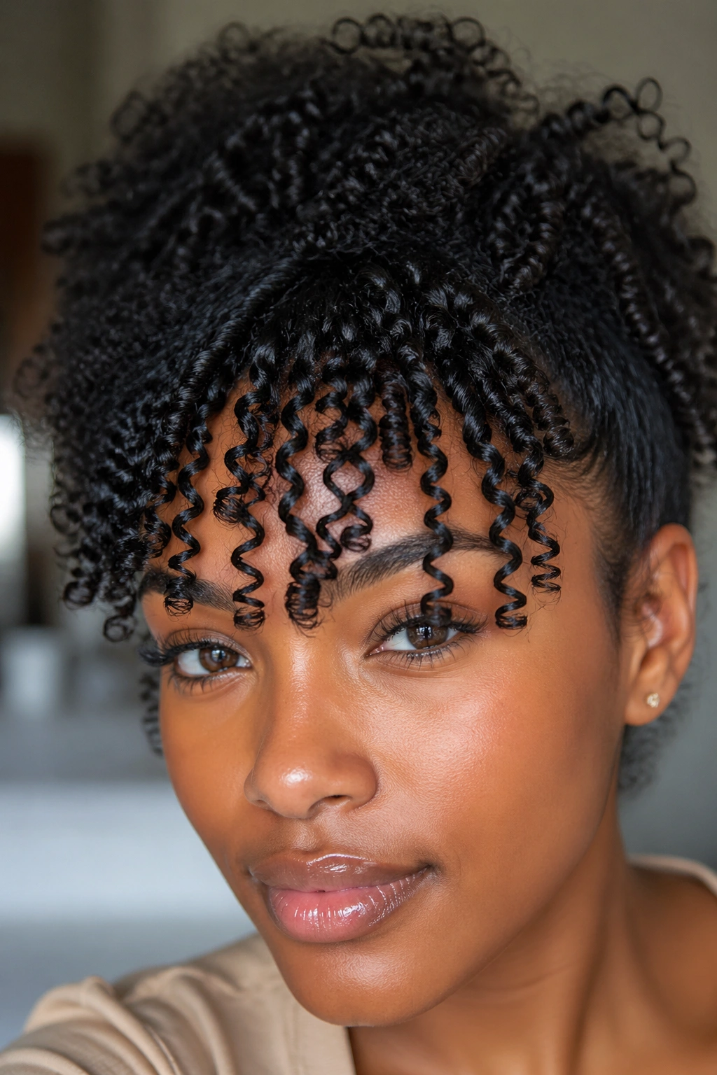 Close-up of a real person with a dramatic gel-defined fringe framing the forehead