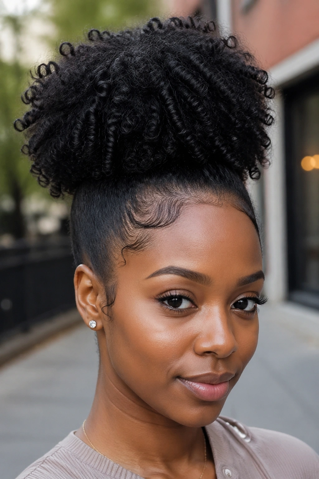 Close-up of a real woman with a gel-defined high puff.