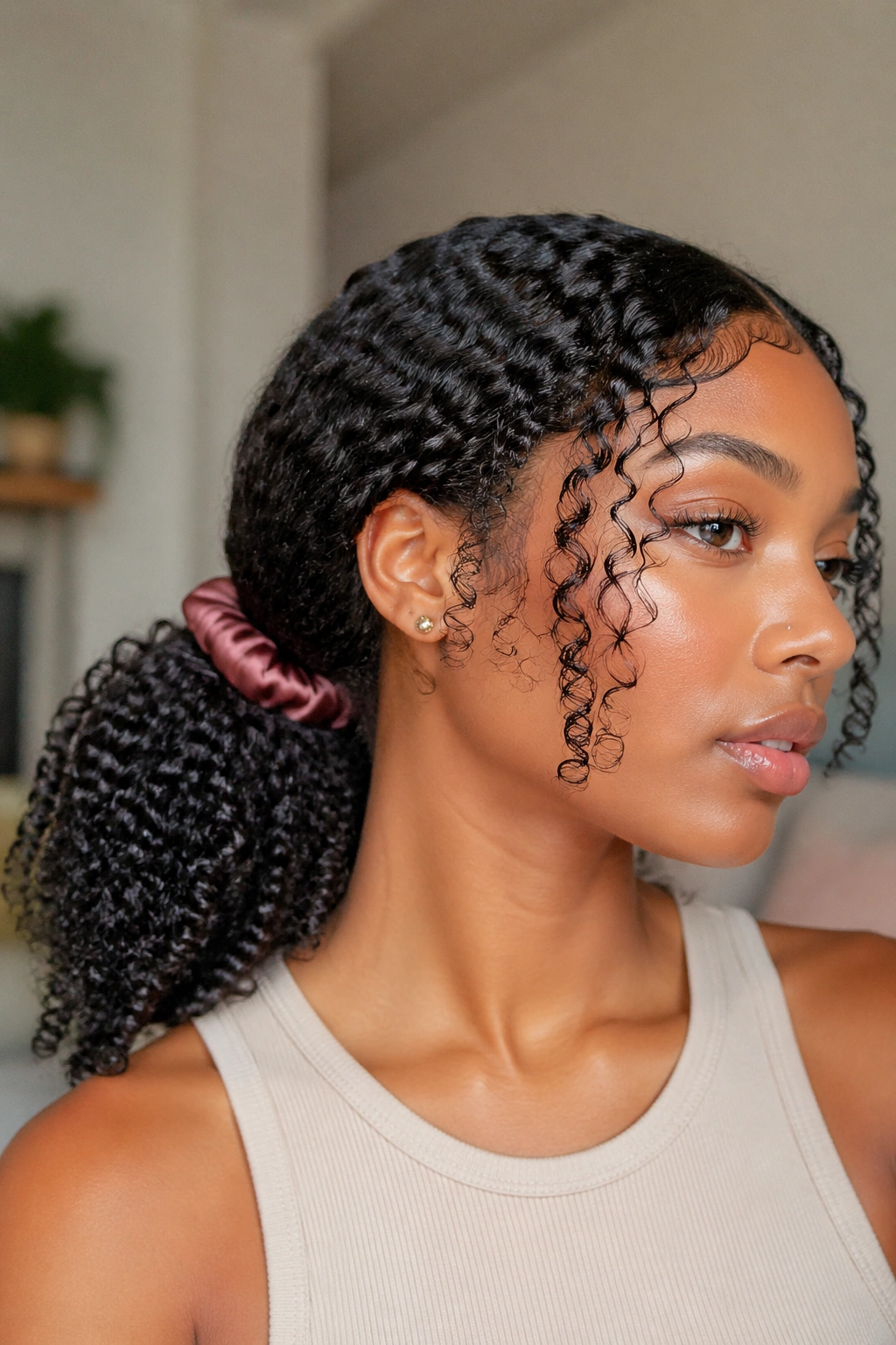 Real person with gel-defined curls in a loose protective ponytail with satin scrunchie