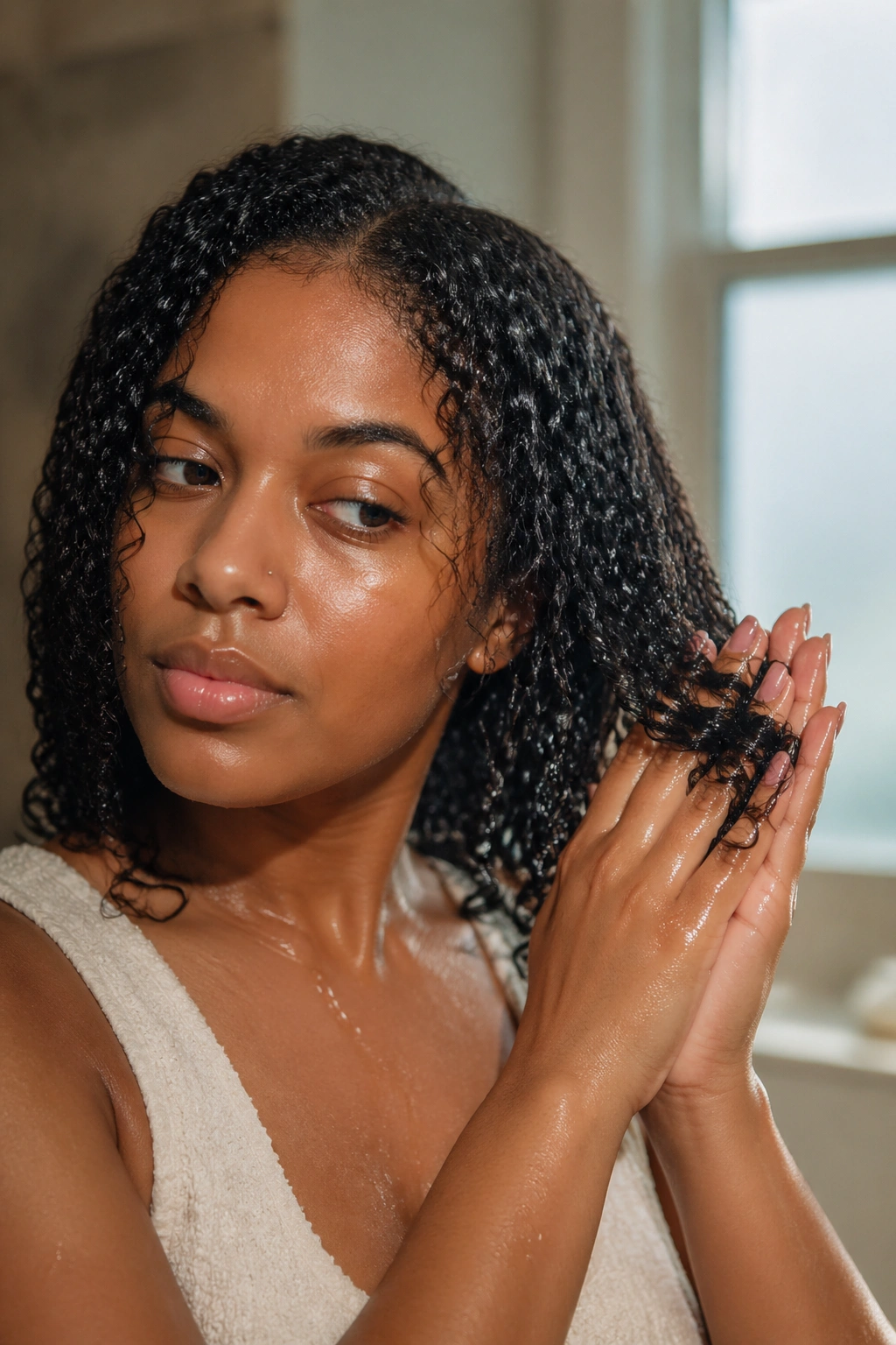 Close-up of a real woman refreshing gel-defined curls with mist in a bathroom