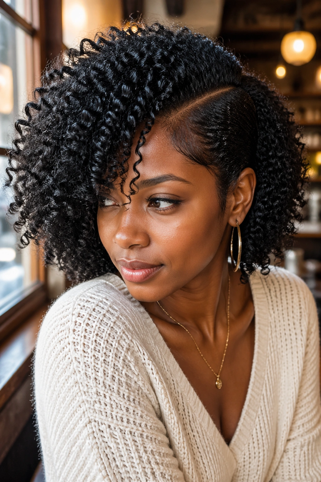 Portrait of a real woman with a deep side part and gel curls in cafe window light