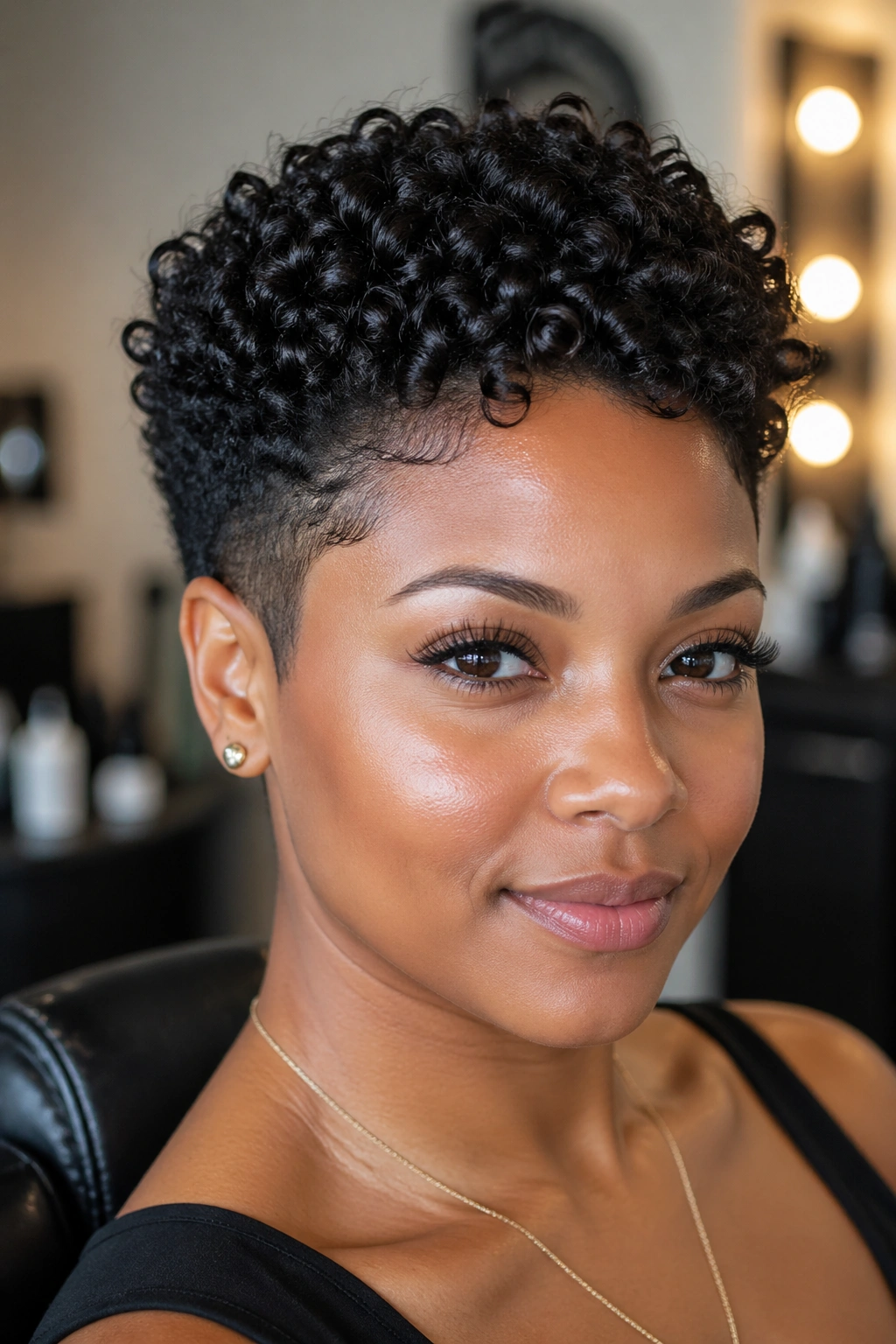 Close-up of a real woman with tapered gel curls and short sides in a softly lit salon