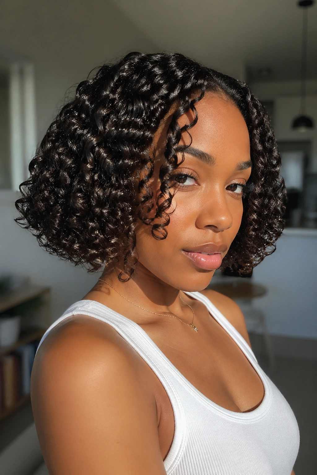 Medium-close portrait of a real woman with gel-defined bob curls.