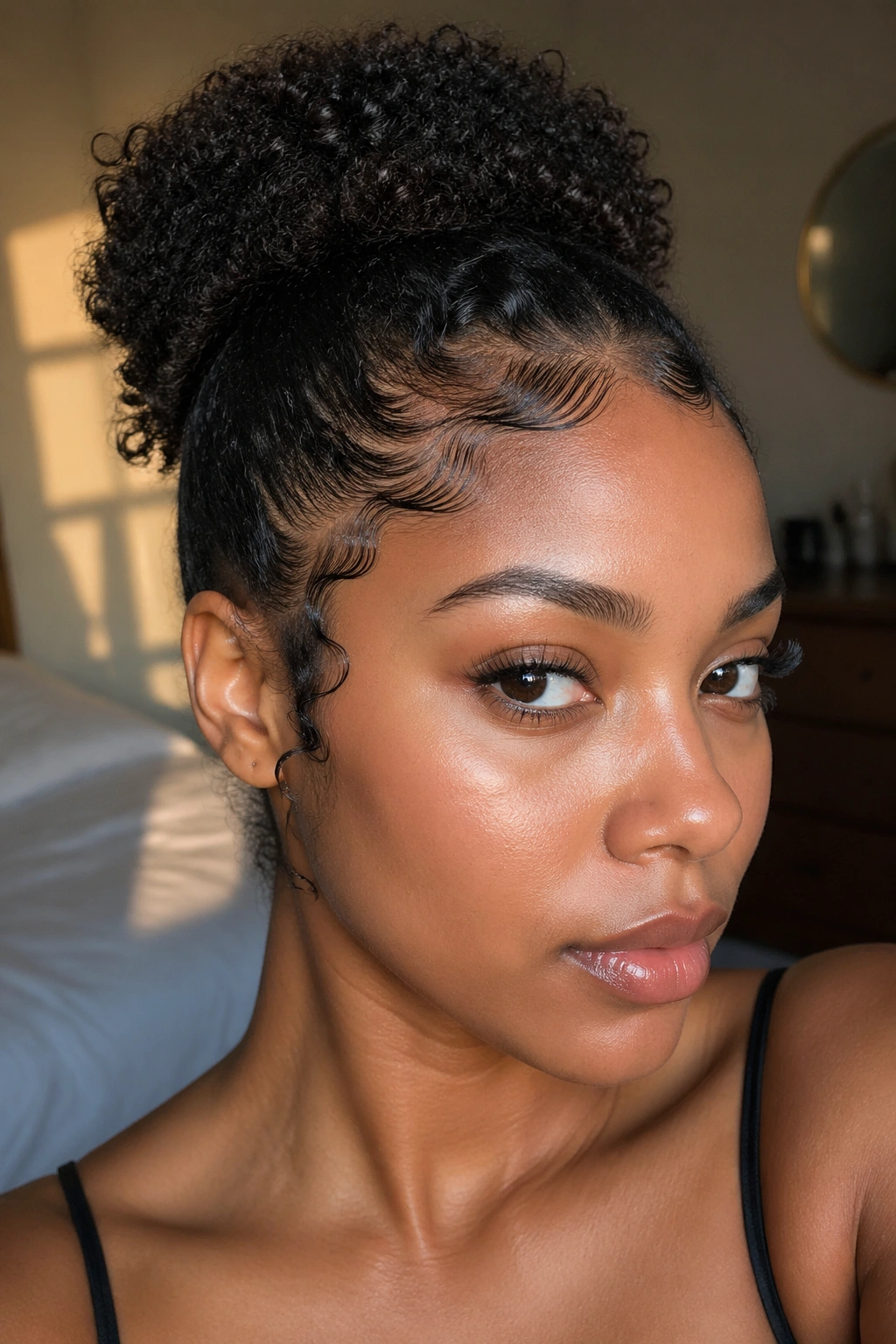 Close-up of a real woman showing gel-defined edges along the hairline in warm window light