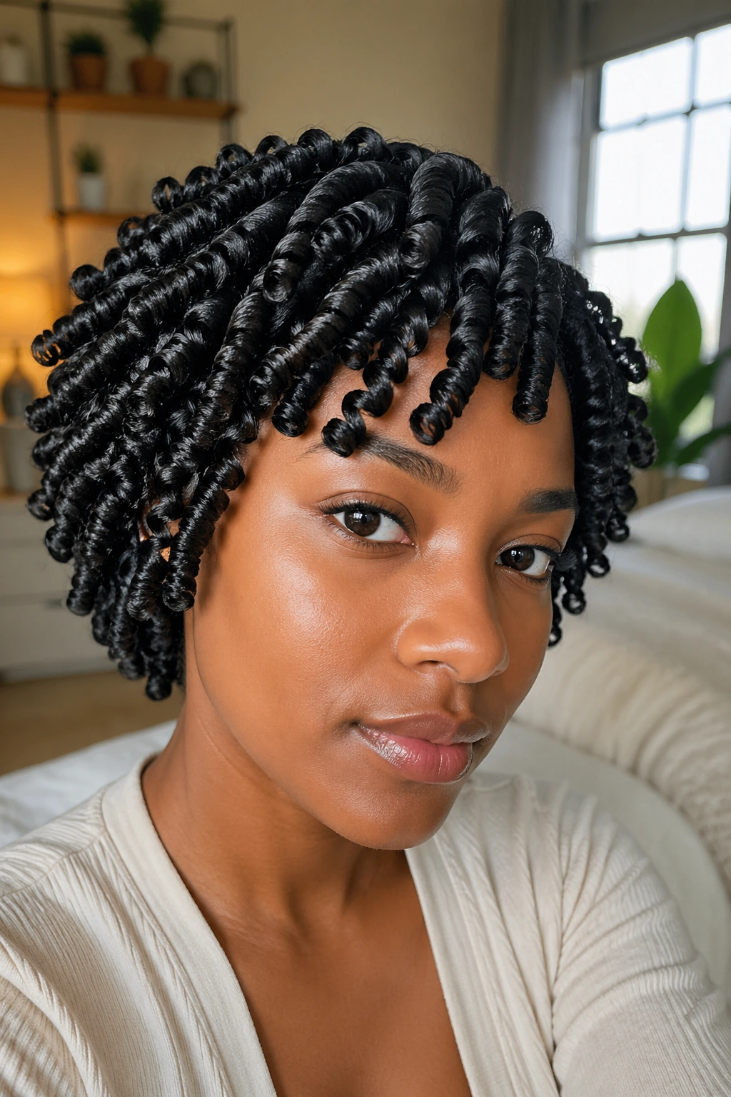 Close-up of finger coils on a real woman's hair.