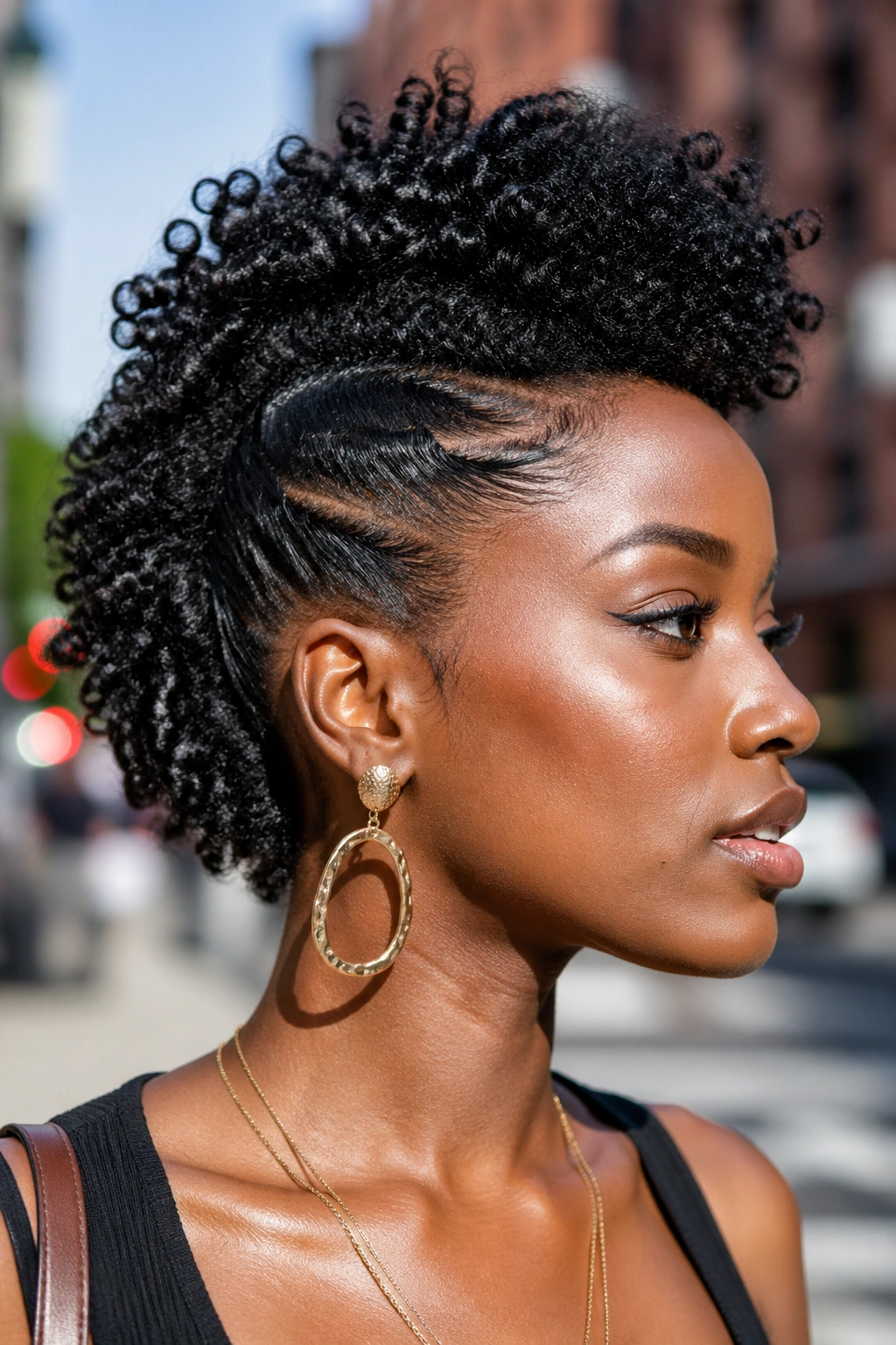 Portrait of a real person with a gel frohawk against an outdoor backdrop