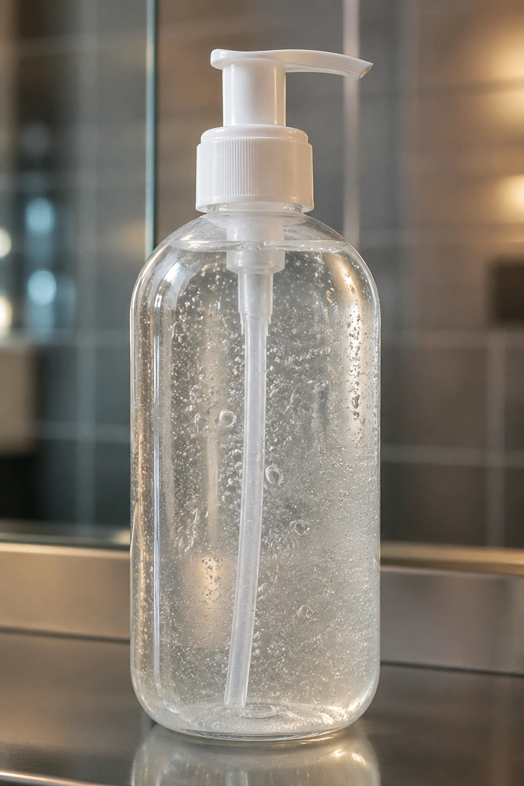 Gel bottle centered with soft reflections suggesting layering methods in a modern restroom backdrop.