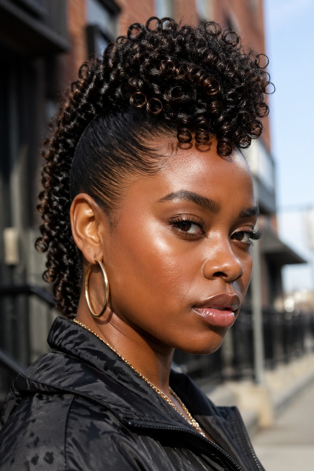 Portrait of a real person with a gel-defined mohawk in urban daylight
