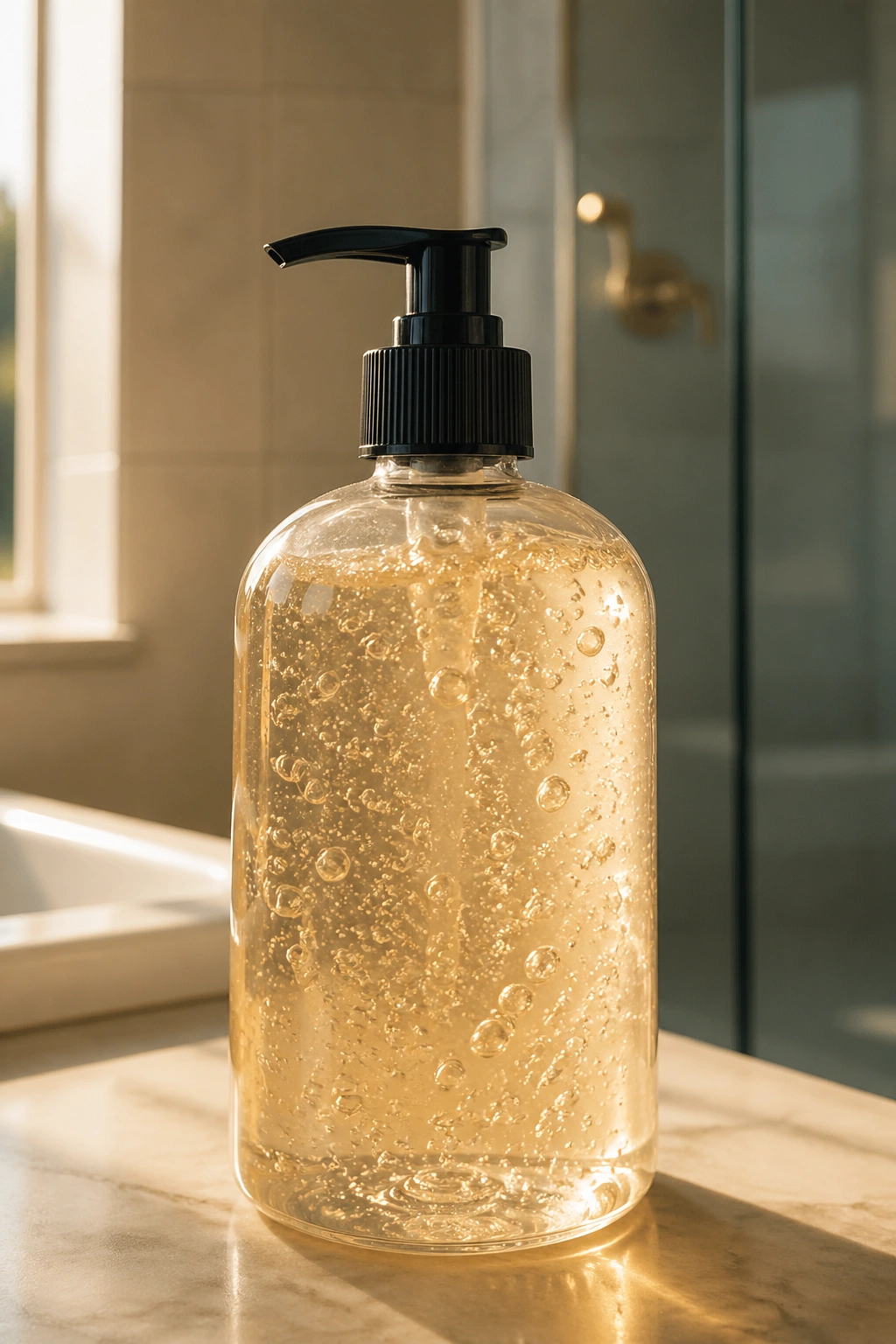 Gel bottle on a warm-lit counter representing a structured gel curl routine.
